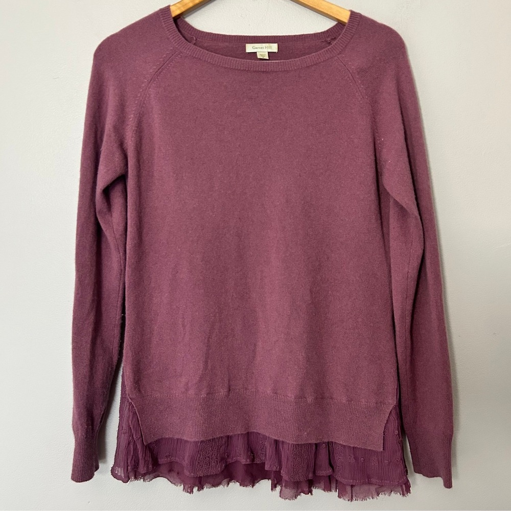 Garnet Hill Sweater Women M Mauve 100% Cashmere Layered Ruffle Hem Pullover
